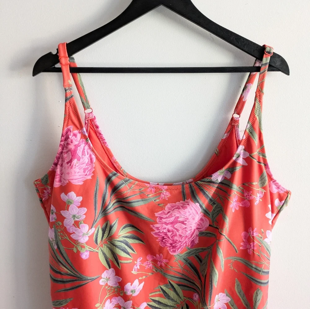 Old Navy Coral Orange Tropical Floral Print One Piece Swimsuit Size 3X - Picture 2 of 8